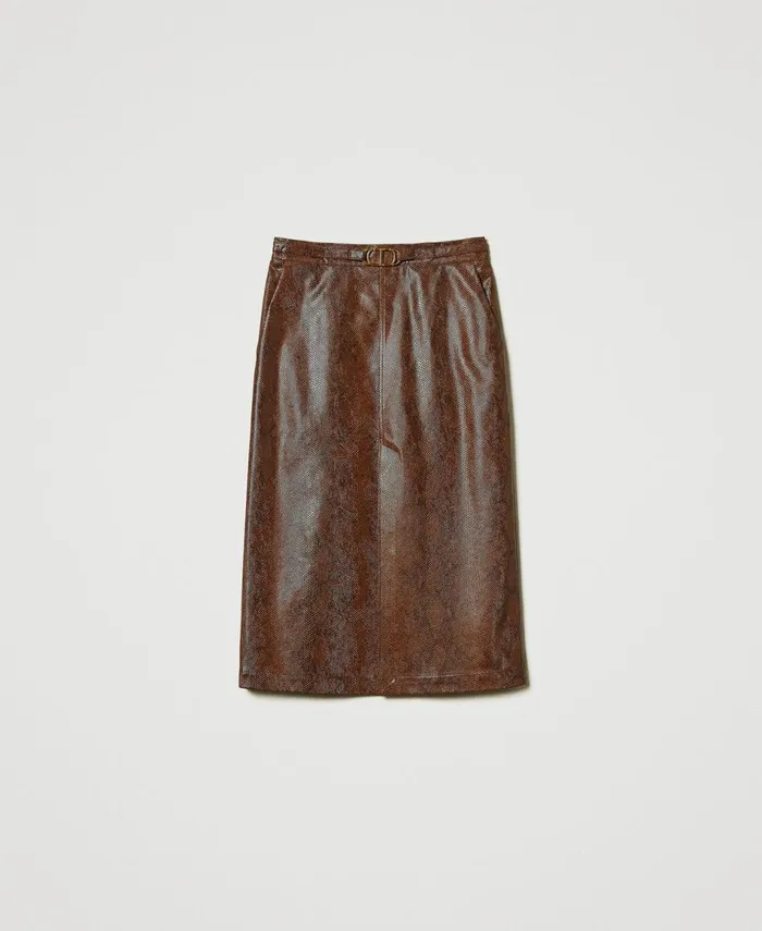 Twinset Lizard Leather Effect Midi Skirt Coffee Black Lizard Print Women Skirts Twinset Lizard Leather Effect Midi Skirt Coffee Black Lizard Print Women Skirts