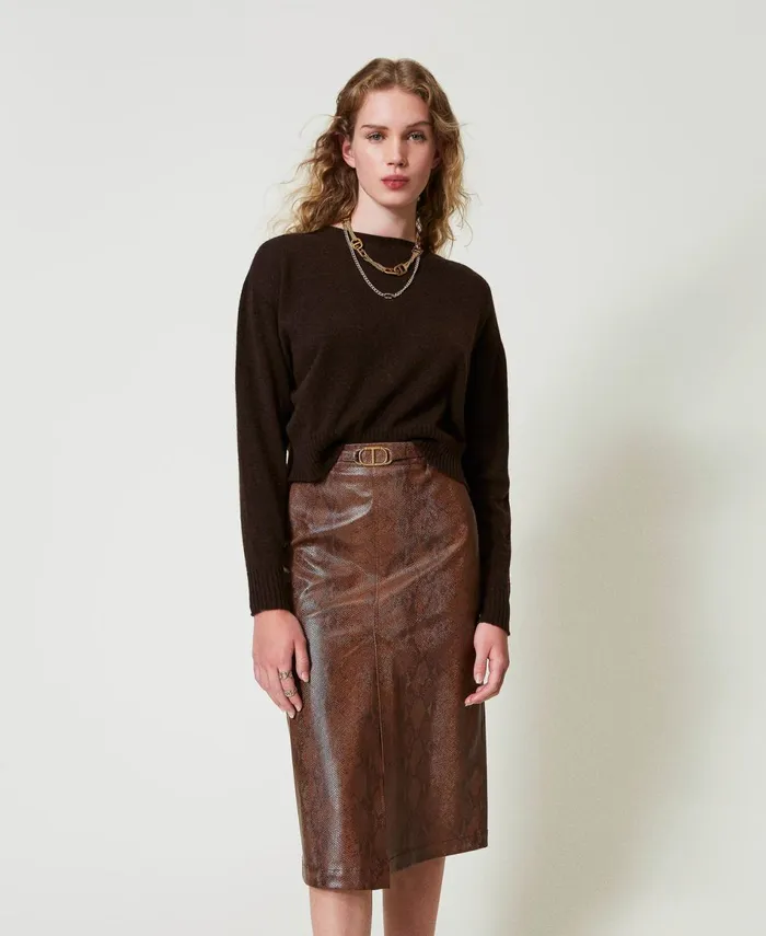 Twinset Lizard Leather Effect Midi Skirt Coffee Black Lizard Print Women Skirts Twinset Lizard Leather Effect Midi Skirt Coffee Black Lizard Print Women Skirts