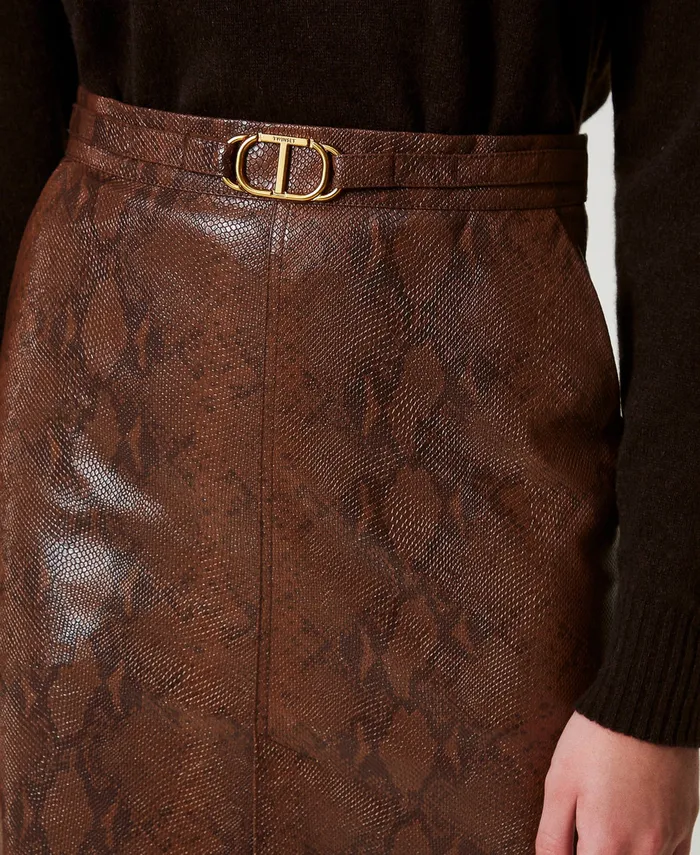 Twinset Lizard Leather Effect Midi Skirt Coffee Black Lizard Print Women Skirts Twinset Lizard Leather Effect Midi Skirt Coffee Black Lizard Print Women Skirts