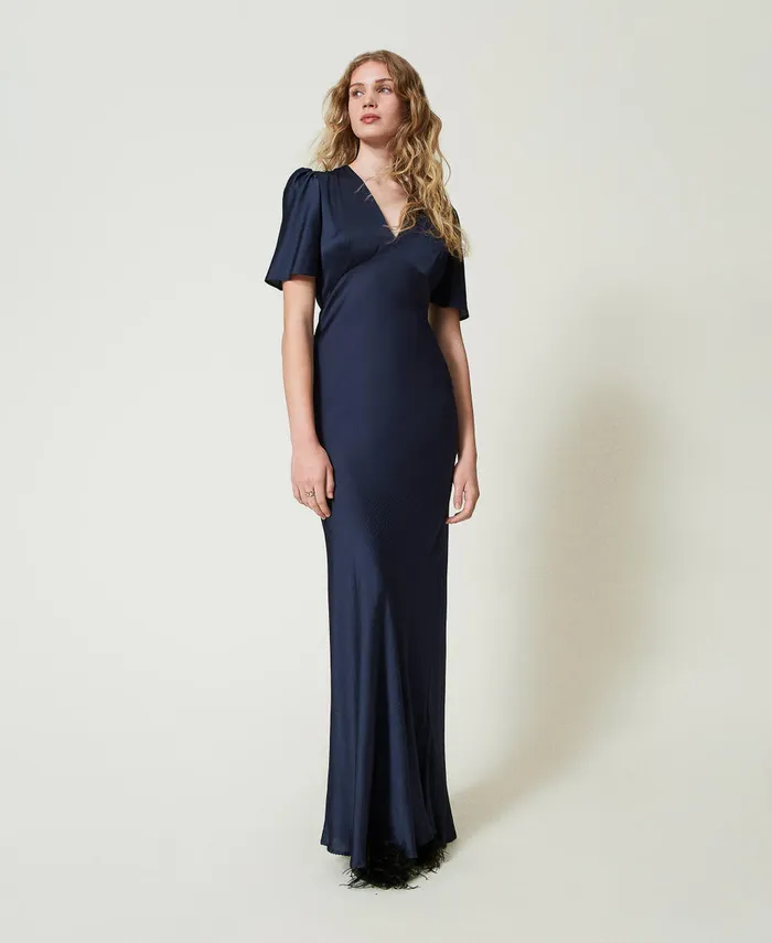 Twinset Long Hammered Satin Dress Indigo Women Dresses