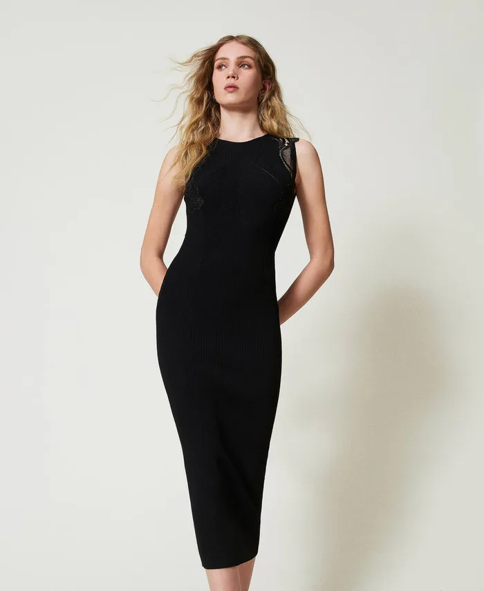 Twinset Long Knit Dress With Lace Black Women Dresses