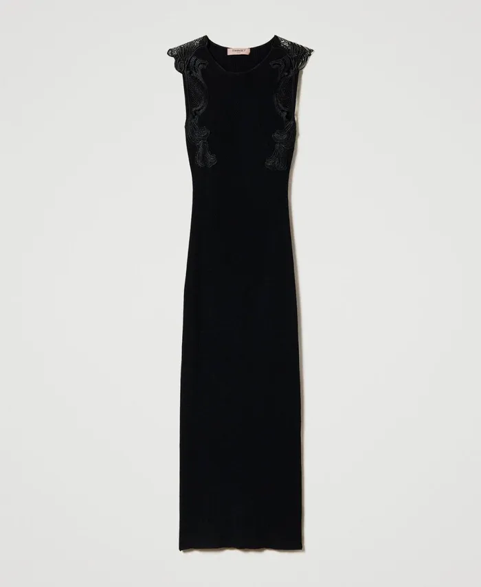 Twinset Long Knit Dress With Lace Black Women Dresses Twinset Long Knit Dress With Lace Black Women Dresses