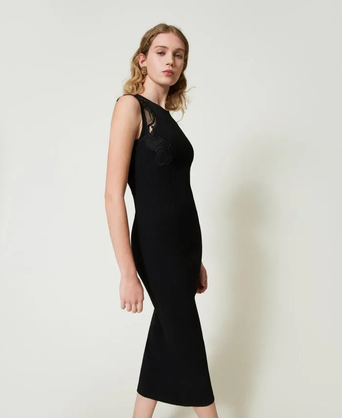 Twinset Long Knit Dress With Lace Black Women Dresses Twinset Long Knit Dress With Lace Black Women Dresses