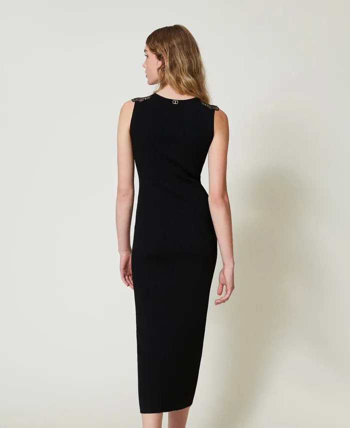 Twinset Long Knit Dress With Lace Black Women Dresses Twinset Long Knit Dress With Lace Black Women Dresses
