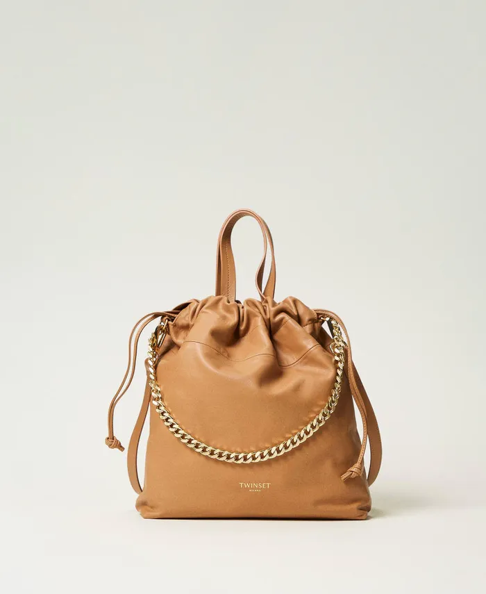 Twinset Medium Leather Shopper Bag With Drawstring Sandy Brown Women Cross Body Bags