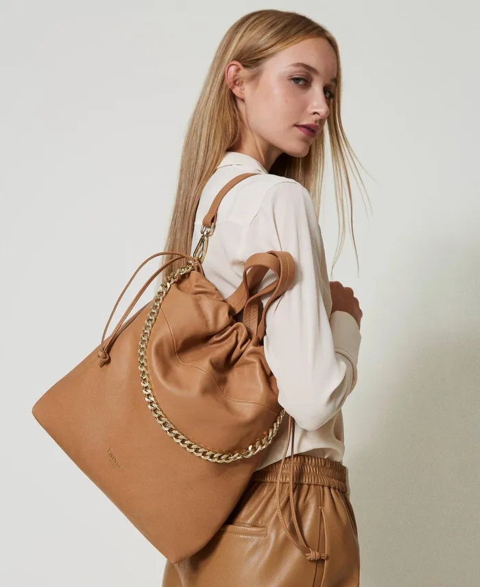 Twinset Medium Leather Shopper Bag With Drawstring Sandy Brown Women Cross Body Bags Twinset Medium Leather Shopper Bag With Drawstring Sandy Brown Women Cross Body Bags