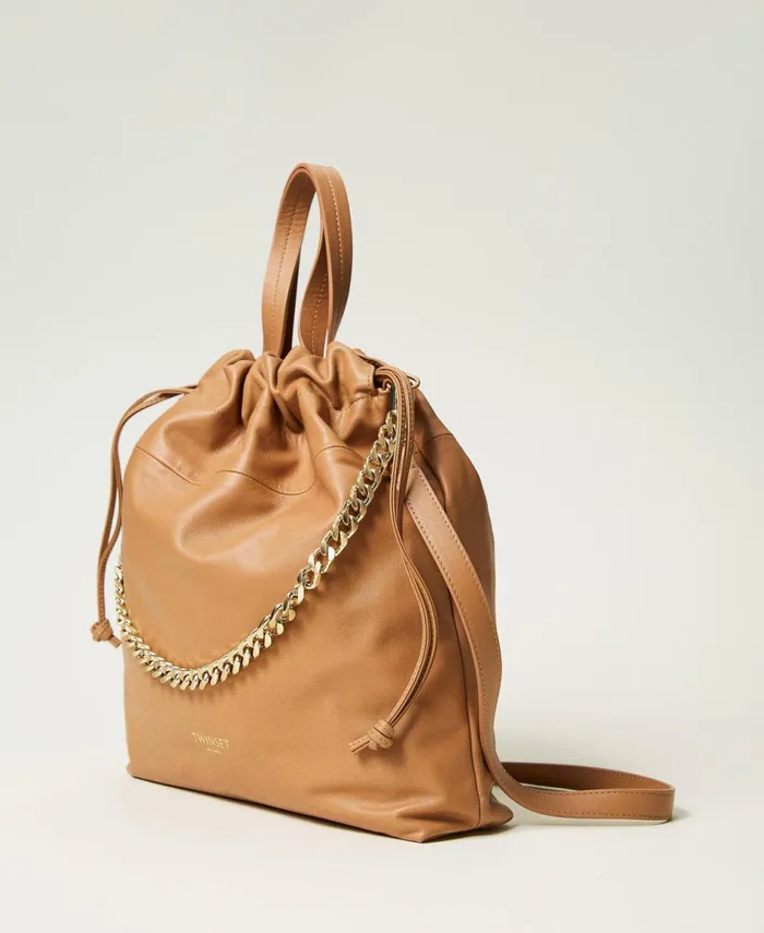 Twinset Medium Leather Shopper Bag With Drawstring Sandy Brown Women Cross Body Bags Twinset Medium Leather Shopper Bag With Drawstring Sandy Brown Women Cross Body Bags