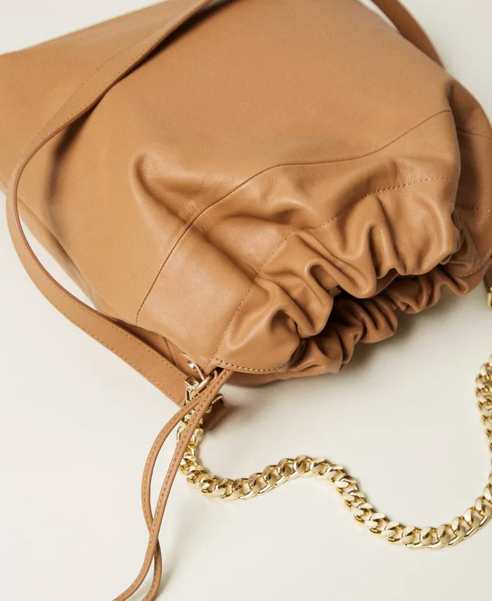 Twinset Medium Leather Shopper Bag With Drawstring Sandy Brown Women Cross Body Bags Twinset Medium Leather Shopper Bag With Drawstring Sandy Brown Women Cross Body Bags