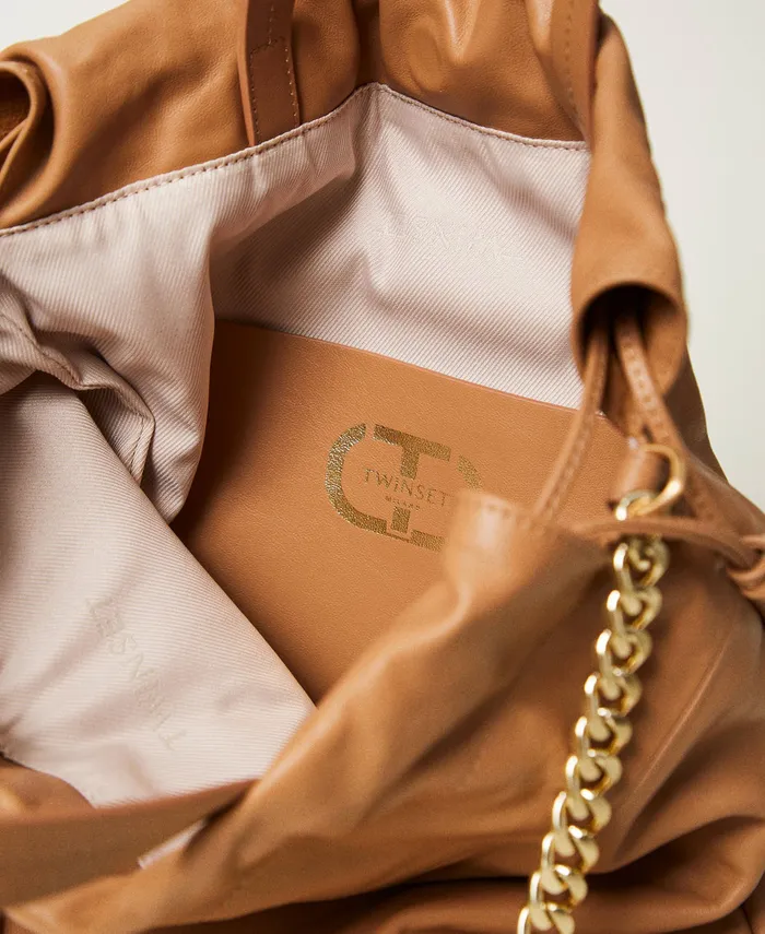 Twinset Medium Leather Shopper Bag With Drawstring Sandy Brown Women Cross Body Bags Twinset Medium Leather Shopper Bag With Drawstring Sandy Brown Women Cross Body Bags