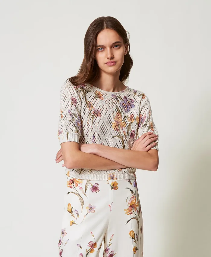 Twinset Mesh Jumper With Floral Print Multicolourmother Of Pearl Iris Print Women Jumpers And Cardigans
