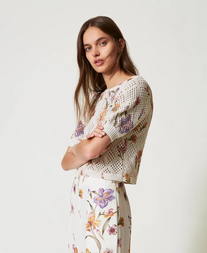Twinset Mesh Jumper With Floral Print Multicolourmother Of Pearl Iris Print Women Jumpers And Cardigans Twinset Mesh Jumper With Floral Print Multicolourmother Of Pearl Iris Print Women Jumpers And Cardigans