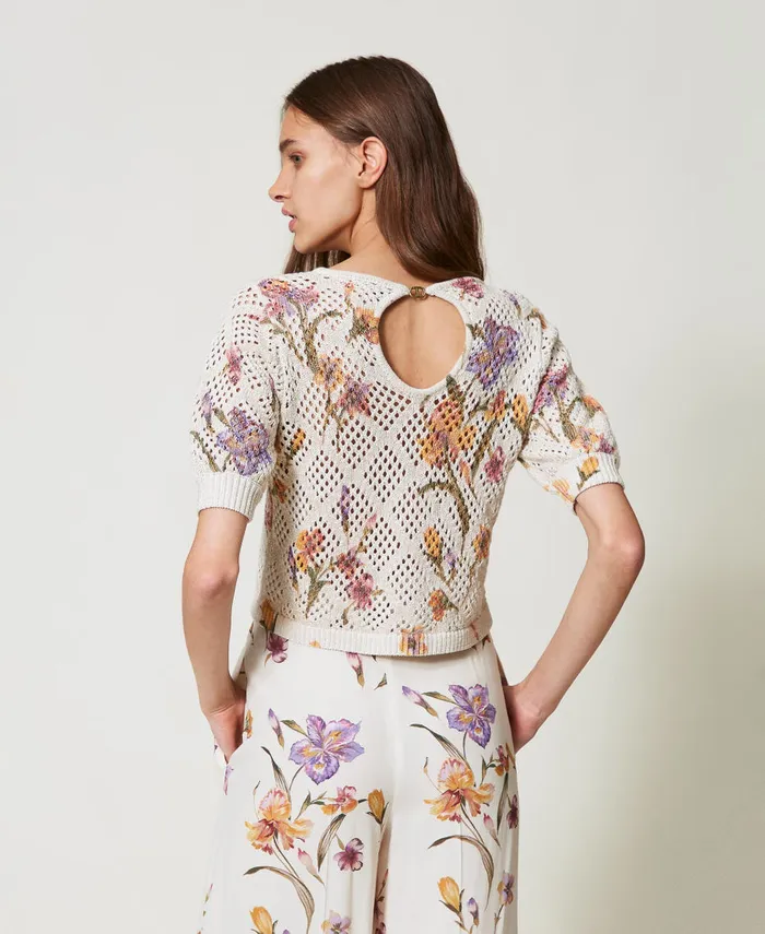 Twinset Mesh Jumper With Floral Print Multicolourmother Of Pearl Iris Print Women Jumpers And Cardigans Twinset Mesh Jumper With Floral Print Multicolourmother Of Pearl Iris Print Women Jumpers And Cardigans