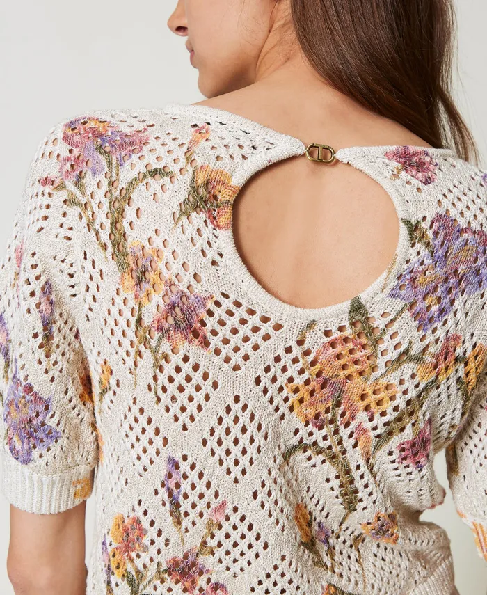 Twinset Mesh Jumper With Floral Print Multicolourmother Of Pearl Iris Print Women Jumpers And Cardigans Twinset Mesh Jumper With Floral Print Multicolourmother Of Pearl Iris Print Women Jumpers And Cardigans