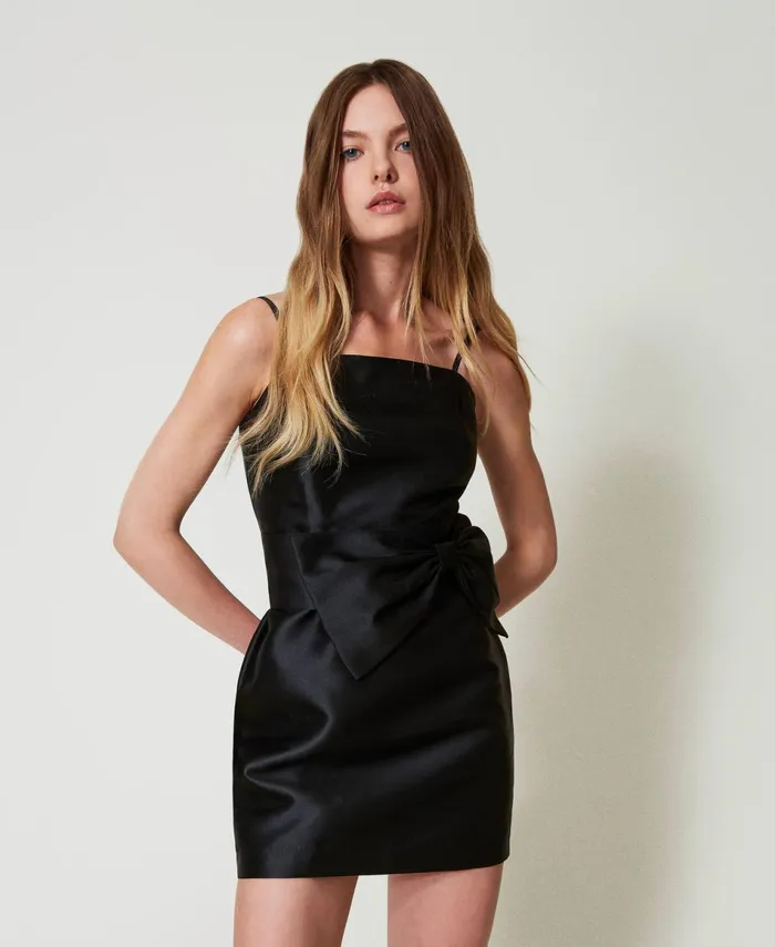 Twinset Mikado Twill Short Dress With Bow Black Women Dresses Twinset Mikado Twill Short Dress With Bow Black Women Dresses