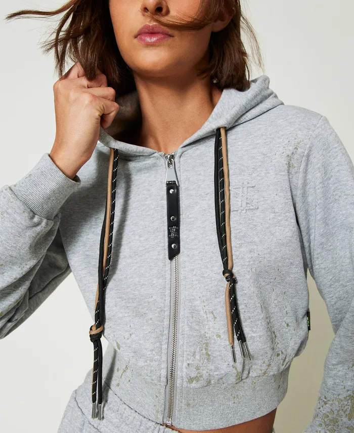 Twinset Myfo Cropped Hoodie With Glitter Print Melange Grey Women Sweatshirts