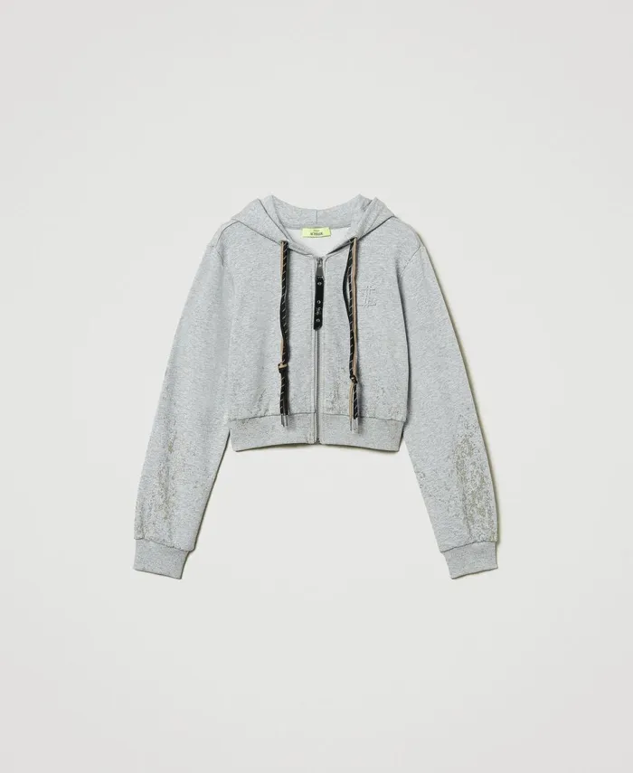 Twinset Myfo Cropped Hoodie With Glitter Print Melange Grey Women Sweatshirts Twinset Myfo Cropped Hoodie With Glitter Print Melange Grey Women Sweatshirts