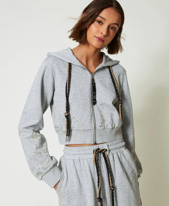 Twinset Myfo Cropped Hoodie With Glitter Print Melange Grey Women Sweatshirts Twinset Myfo Cropped Hoodie With Glitter Print Melange Grey Women Sweatshirts