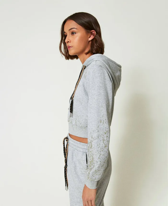 Twinset Myfo Cropped Hoodie With Glitter Print Melange Grey Women Sweatshirts Twinset Myfo Cropped Hoodie With Glitter Print Melange Grey Women Sweatshirts