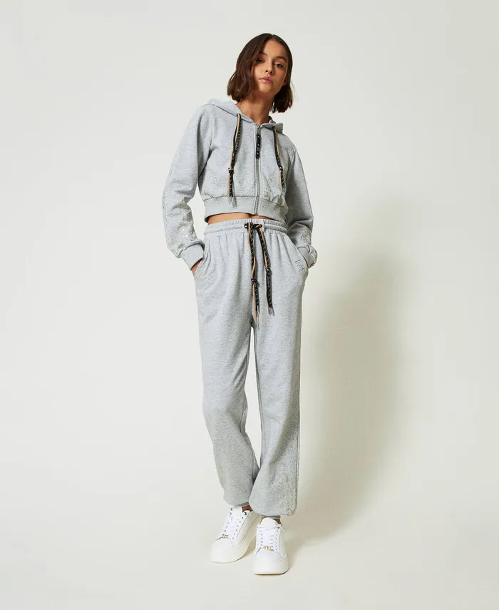 Twinset Myfo Cropped Hoodie With Glitter Print Melange Grey Women Sweatshirts Twinset Myfo Cropped Hoodie With Glitter Print Melange Grey Women Sweatshirts