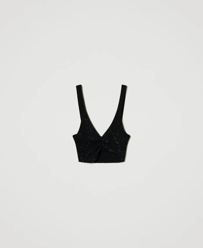 Twinset Myfo Knit Top With Glitter Print Black Women TShirts And Tops Twinset Myfo Knit Top With Glitter Print Black Women TShirts And Tops
