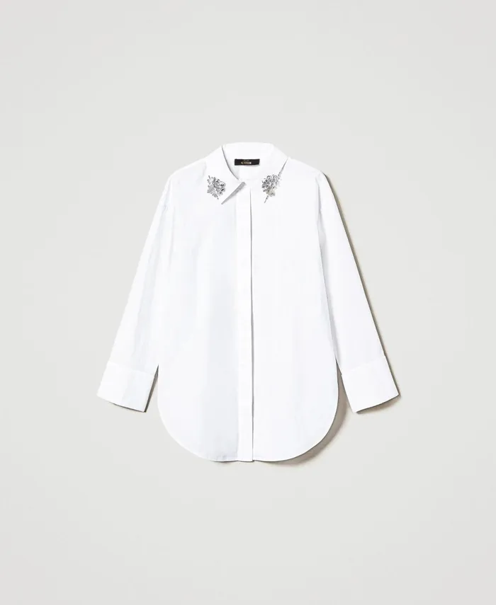 Twinset Oversize Poplin Shirt With Embroidery Papers White Women Blouses And Shirts Twinset Oversize Poplin Shirt With Embroidery Papers White Women Blouses And Shirts