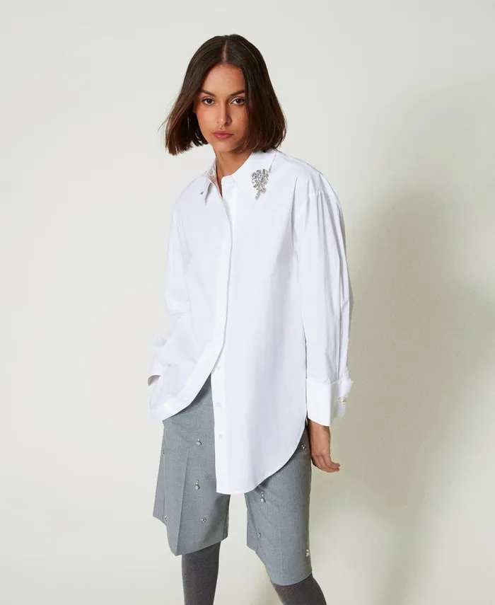 Twinset Oversize Poplin Shirt With Embroidery Papers White Women Blouses And Shirts Twinset Oversize Poplin Shirt With Embroidery Papers White Women Blouses And Shirts