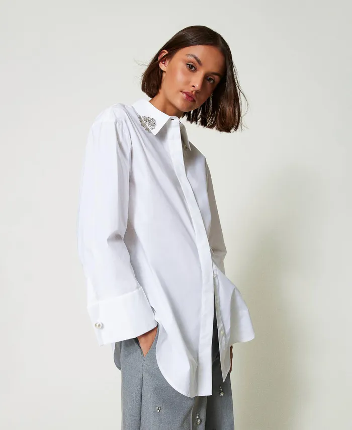 Twinset Oversize Poplin Shirt With Embroidery Papers White Women Blouses And Shirts Twinset Oversize Poplin Shirt With Embroidery Papers White Women Blouses And Shirts