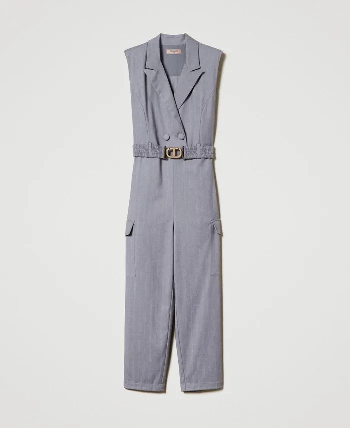 Twinset Pinstripe Jumpsuit With Belt Snow Pinstripe Melange Grey Women Dresses Twinset Pinstripe Jumpsuit With Belt Snow Pinstripe Melange Grey Women Dresses