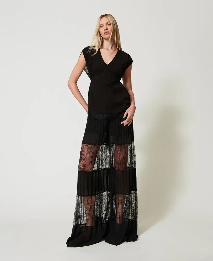Twinset Pleated Georgette Trousers With Lace Black Women Suits And Sets