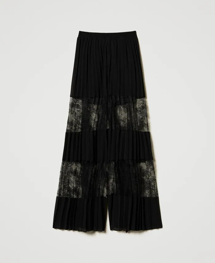 Twinset Pleated Georgette Trousers With Lace Black Women Suits And Sets Twinset Pleated Georgette Trousers With Lace Black Women Suits And Sets