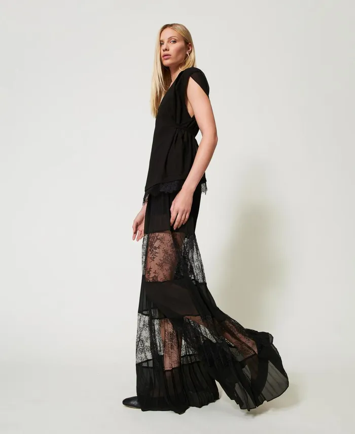 Twinset Pleated Georgette Trousers With Lace Black Women Suits And Sets Twinset Pleated Georgette Trousers With Lace Black Women Suits And Sets