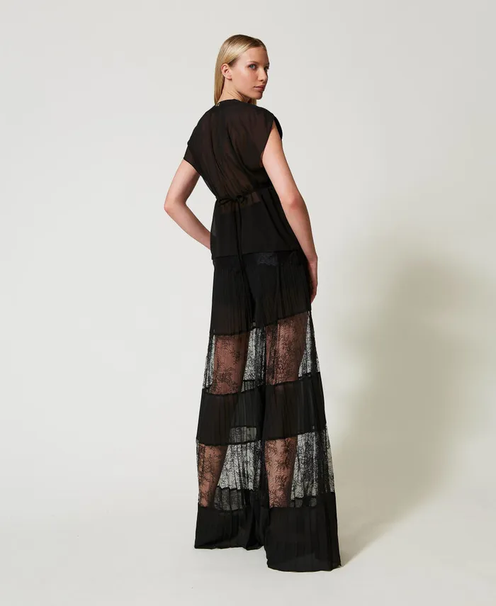 Twinset Pleated Georgette Trousers With Lace Black Women Suits And Sets Twinset Pleated Georgette Trousers With Lace Black Women Suits And Sets