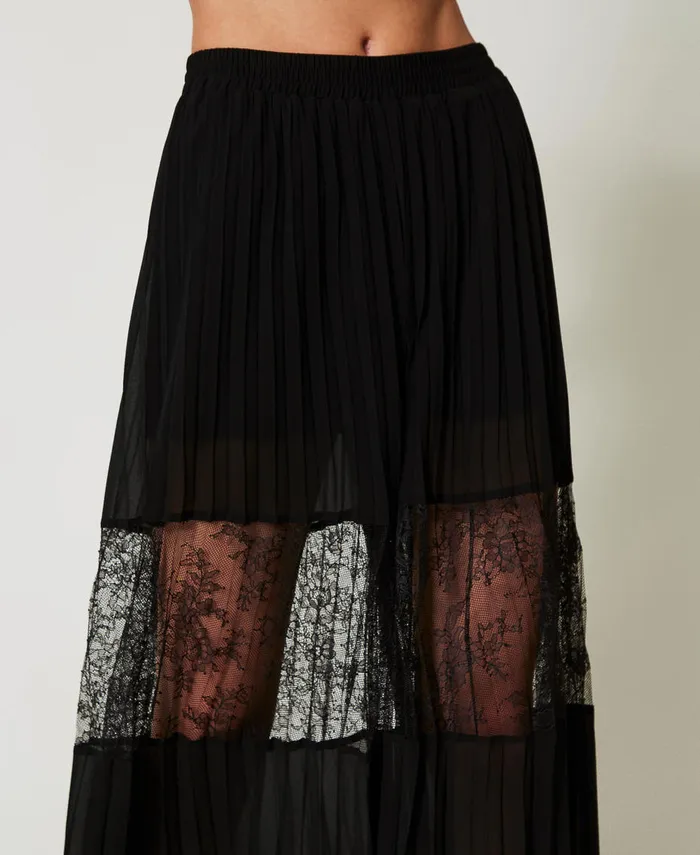 Twinset Pleated Georgette Trousers With Lace Black Women Suits And Sets Twinset Pleated Georgette Trousers With Lace Black Women Suits And Sets