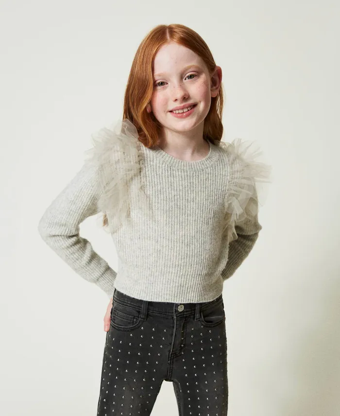 Twinset Regular Fit Jumper With Tulle Flounces Melange Grey Girl Jumpers And Cardigans