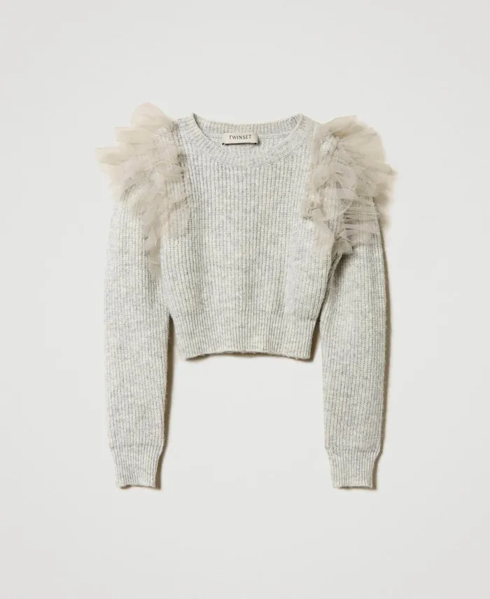 Twinset Regular Fit Jumper With Tulle Flounces Melange Grey Girl Jumpers And Cardigans Twinset Regular Fit Jumper With Tulle Flounces Melange Grey Girl Jumpers And Cardigans