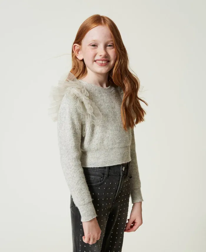 Twinset Regular Fit Jumper With Tulle Flounces Melange Grey Girl Jumpers And Cardigans Twinset Regular Fit Jumper With Tulle Flounces Melange Grey Girl Jumpers And Cardigans