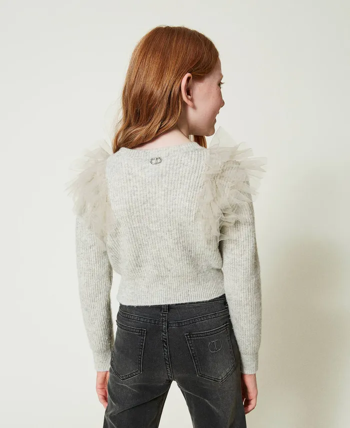 Twinset Regular Fit Jumper With Tulle Flounces Melange Grey Girl Jumpers And Cardigans Twinset Regular Fit Jumper With Tulle Flounces Melange Grey Girl Jumpers And Cardigans