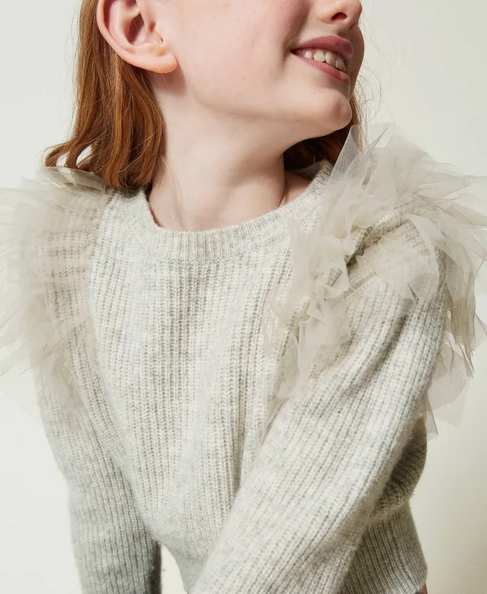 Twinset Regular Fit Jumper With Tulle Flounces Melange Grey Girl Jumpers And Cardigans Twinset Regular Fit Jumper With Tulle Flounces Melange Grey Girl Jumpers And Cardigans