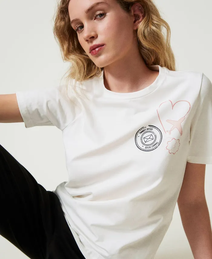 Twinset Regular Fit TShirt With Glitter Print Mother Of Pearl Women TShirts And Tops