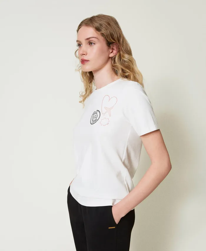 Twinset Regular Fit TShirt With Glitter Print Mother Of Pearl Women TShirts And Tops Twinset Regular Fit TShirt With Glitter Print Mother Of Pearl Women TShirts And Tops
