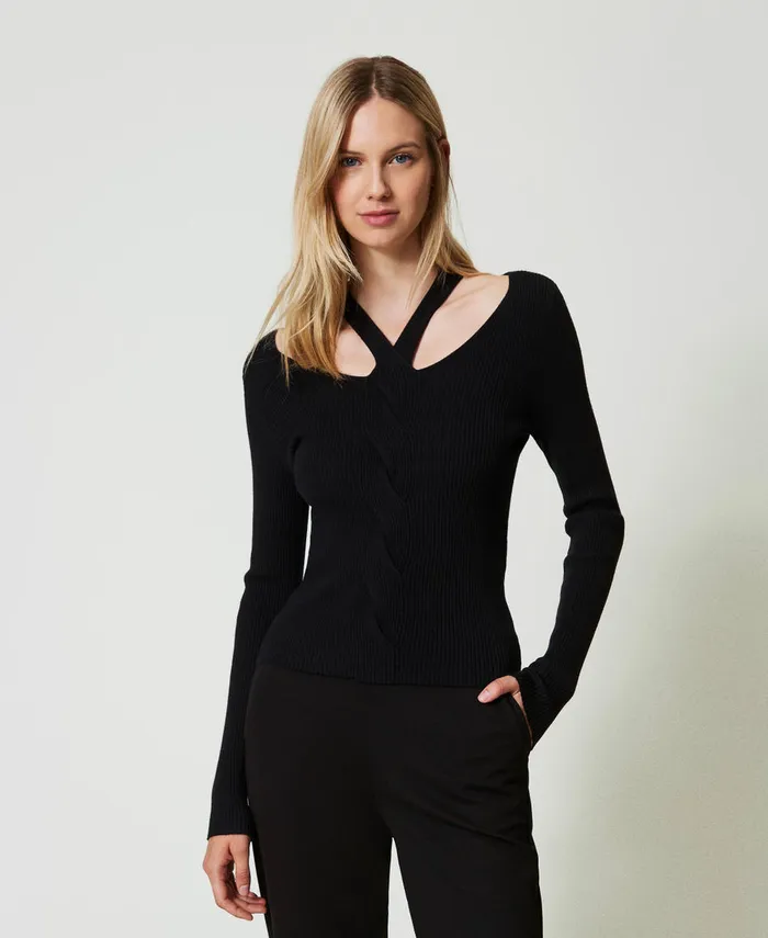 Twinset Ribbed Jumper With CutOut Black Women Jumpers And Cardigans