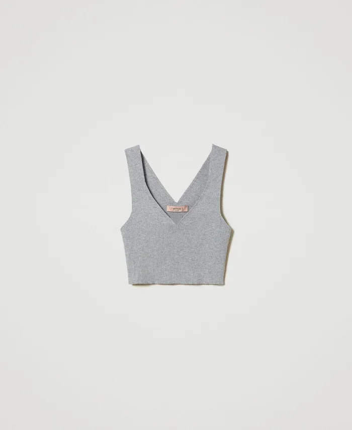 Twinset Ribbed Knit Cropped Top Warm Melange Gray Women TShirts And Tops Twinset Ribbed Knit Cropped Top Warm Melange Gray Women TShirts And Tops