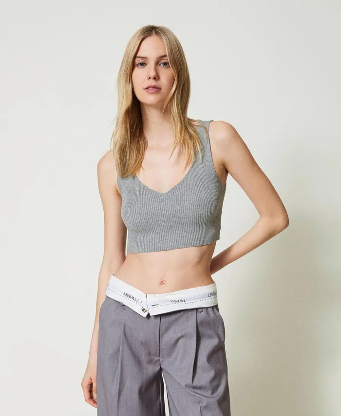 Twinset Ribbed Knit Cropped Top Warm Melange Gray Women TShirts And Tops Twinset Ribbed Knit Cropped Top Warm Melange Gray Women TShirts And Tops