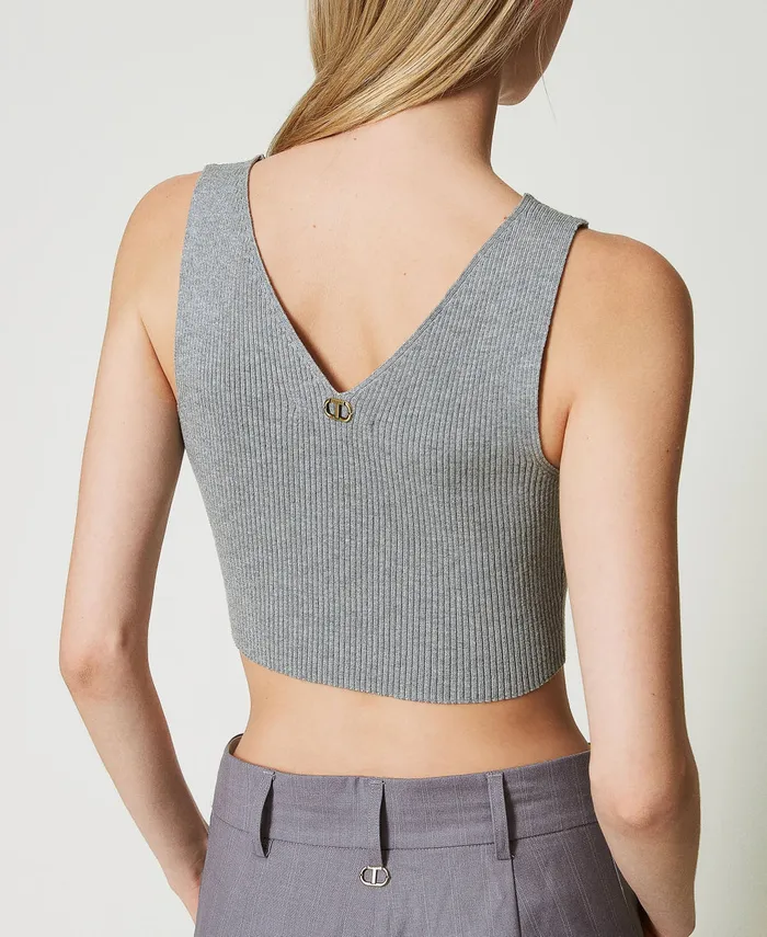 Twinset Ribbed Knit Cropped Top Warm Melange Gray Women TShirts And Tops Twinset Ribbed Knit Cropped Top Warm Melange Gray Women TShirts And Tops