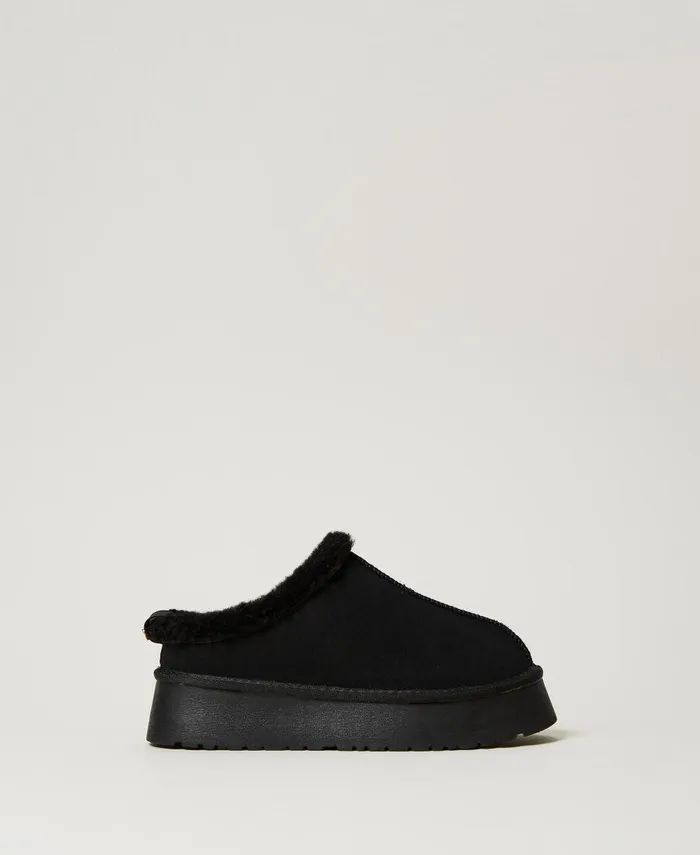 Twinset Sabots With Faux Fur Black Women Flat Shoes