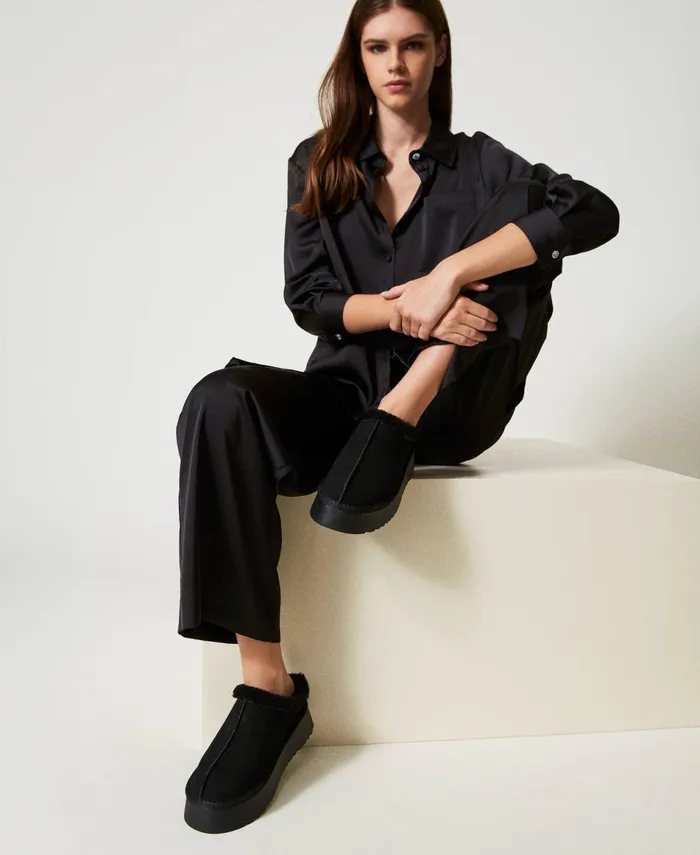 Twinset Sabots With Faux Fur Black Women Flat Shoes Twinset Sabots With Faux Fur Black Women Flat Shoes