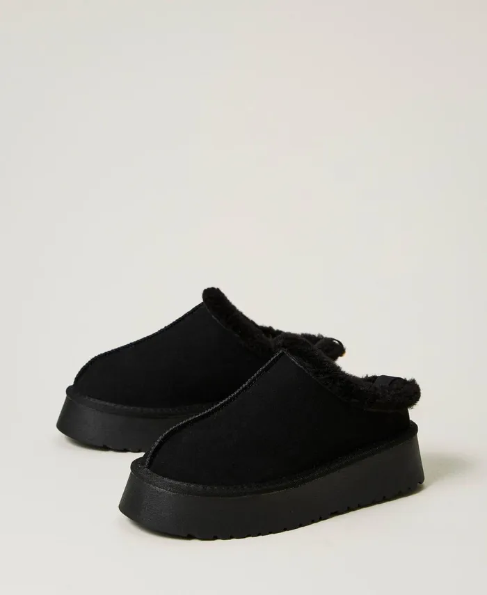 Twinset Sabots With Faux Fur Black Women Flat Shoes Twinset Sabots With Faux Fur Black Women Flat Shoes