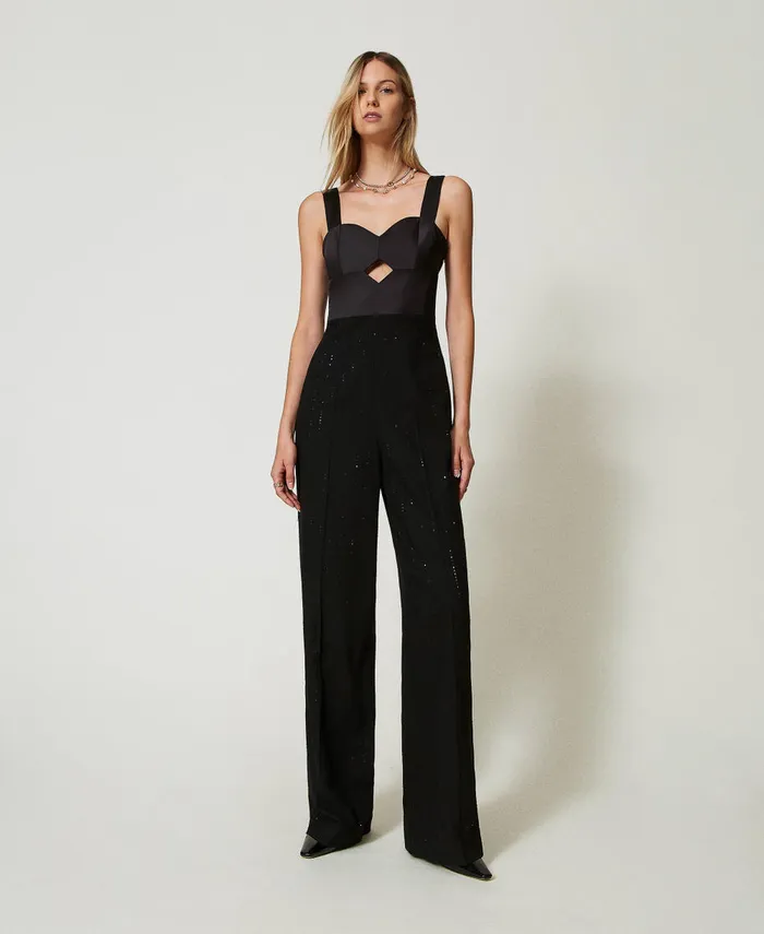 Twinset Satin And Cloth Jumpsuit With Sequins Black Women Dresses