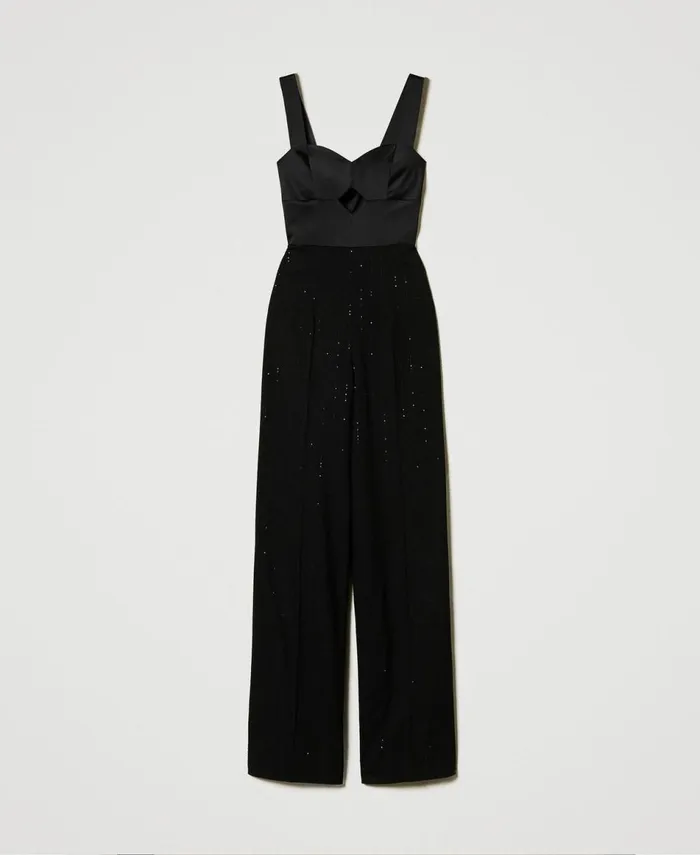 Twinset Satin And Cloth Jumpsuit With Sequins Black Women Dresses Twinset Satin And Cloth Jumpsuit With Sequins Black Women Dresses