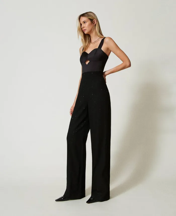 Twinset Satin And Cloth Jumpsuit With Sequins Black Women Dresses Twinset Satin And Cloth Jumpsuit With Sequins Black Women Dresses